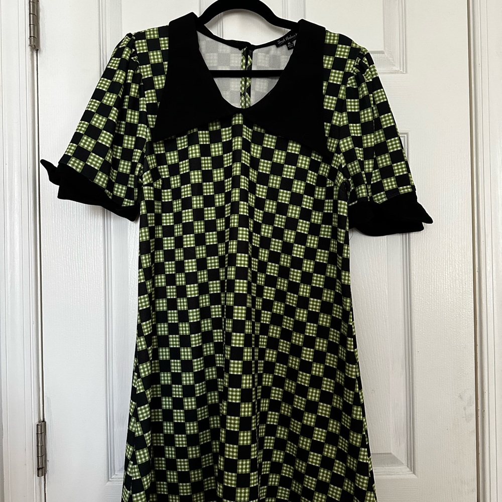 BNWOT Unique Vintage Black and Green Checkered Dress